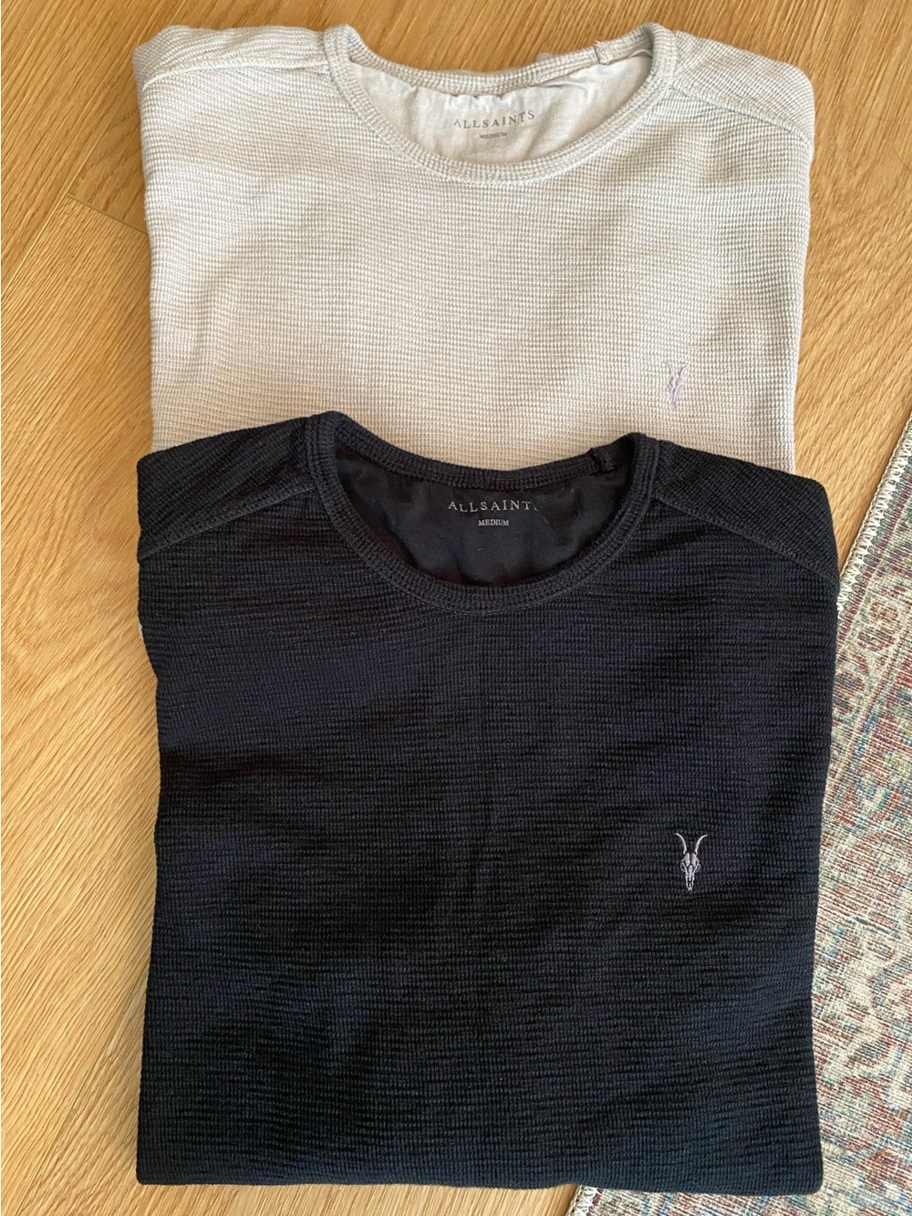 AllSaints Clash LS Crew Lot of 2 Black & Taupe Waffle Knit Thermal Tops M Cotton